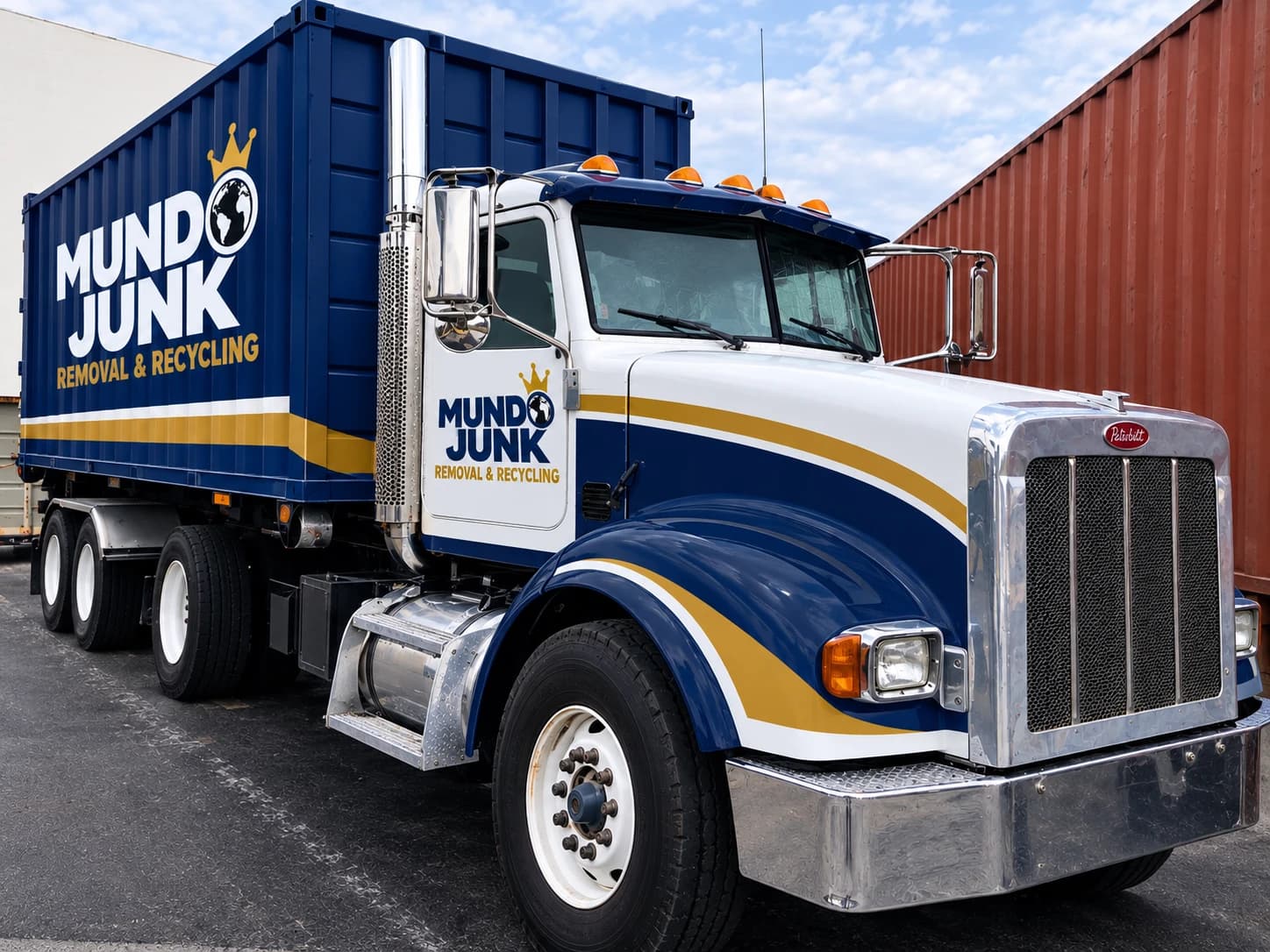 Mundo Junk Removal & Recycling roll-off truck loaded with a container